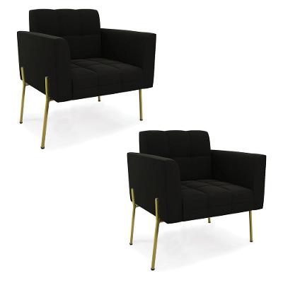 Poltrona Pé De Ferro Dourado Para Sala Kit 2 Elisa Suede D03 - D'rossi Cor Preto