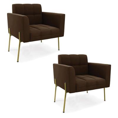 Poltrona Pé De Ferro Dourado Para Sala Kit 2 Elisa Suede D03 - D'rossi Cor Marrom