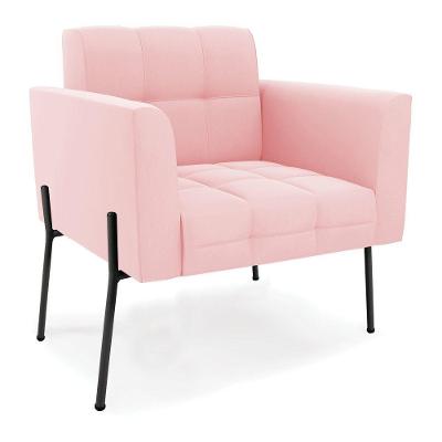 Poltrona Pé De Ferro Preto Para Sala Elisa Suede Rosa Bebê D03 - D'rossi