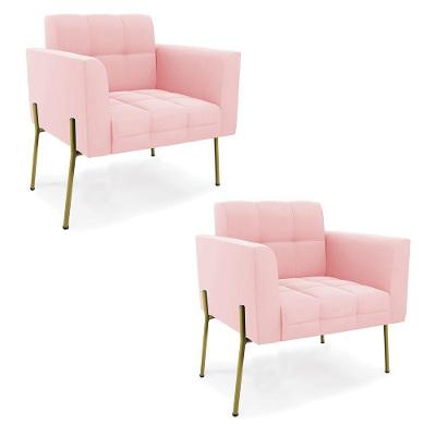 Poltrona Pé De Ferro Dourado Para Sala Kit 2 Elisa Suede D03 - D'rossi Cor Rosa Bebê