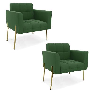 Poltrona Pé De Ferro Dourado Para Sala Kit 2 Elisa Suede D03 - D'rossi Cor Verde