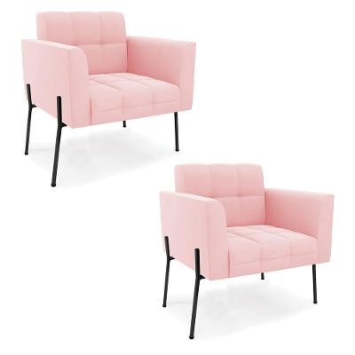 Poltrona Pé De Ferro Preto Para Sala Kit 2 Elisa Suede D03 - D'rossi Cor Rosa Bebê