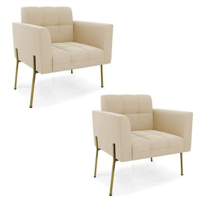 Poltrona Pé De Ferro Dourado Para Sala Kit 2 Elisa Suede D03 - D'rossi Cor Bege