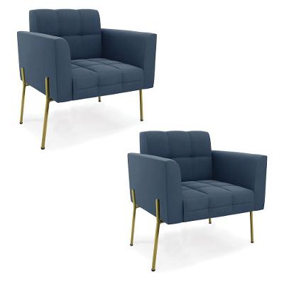 Poltrona Pé De Ferro Dourado Para Sala Kit 2 Elisa Suede D03 - D'rossi Cor Azul Marinho