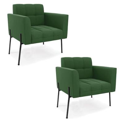 Poltrona Pé De Ferro Preto Para Sala Kit 2 Elisa Suede D03 - D'rossi Cor Verde