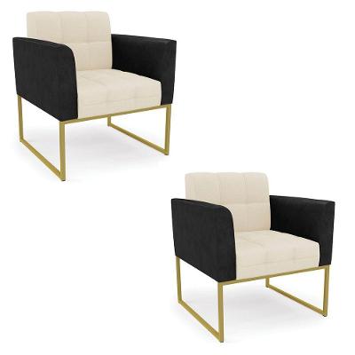 Poltrona Base Industrial Dourado Kit 2 Elisa Preto-linho Bege A19 D03 - D'rossi