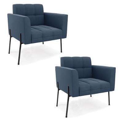 Poltrona Pé De Ferro Preto Para Sala Kit 2 Elisa Suede D03 - D'rossi Cor Azul Marinho