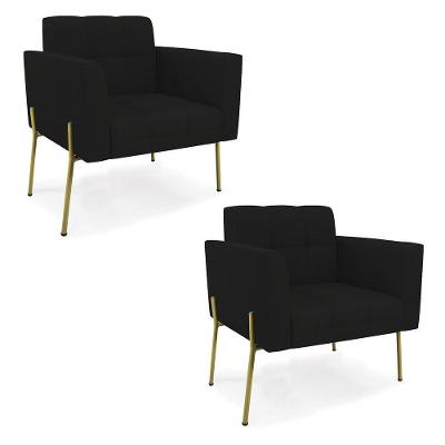 Poltrona Pé De Ferro Dourado Para Sala Kit 2 Elisa Linho Preto A79 D03 - D'rossi