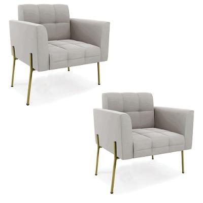 Poltrona Pé De Ferro Dourado Para Sala Kit 2 Elisa Veludo D03 - D'rossi Cor Cinza