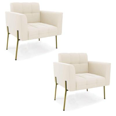 Poltrona Pé De Ferro Dourado Para Sala Kit 2 Elisa Veludo D03 - D'rossi Cor Bege