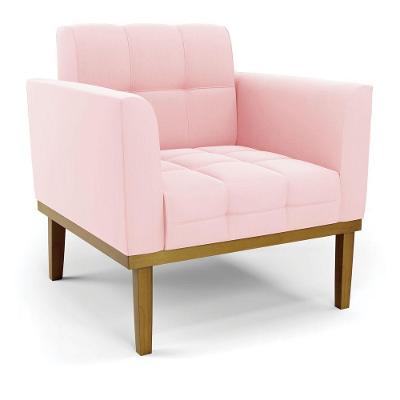 Poltrona Base De Madeira Fixa Castanho Elisa Suede Rosa Bebê D03 - D'rossi