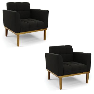 Poltrona Base De Madeira Fixa Castanho Kit 2 Elisa Suede Preto D03 - D'rossi