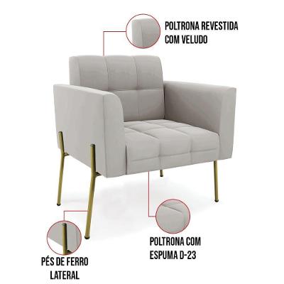 Poltrona Pé De Ferro Dourado Para Sala Elisa Veludo D03 - D'rossi Cor Cinza
