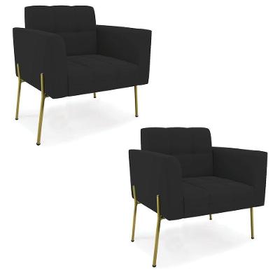 Poltrona Pé De Ferro Dourado Para Sala Kit 2 Elisa Veludo D03 - D'rossi Cor Preto