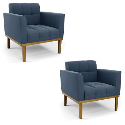 Poltrona Base De Madeira Fixa Castanho Kit 2 Elisa Suede Azul Marinho D03 - D'rossi