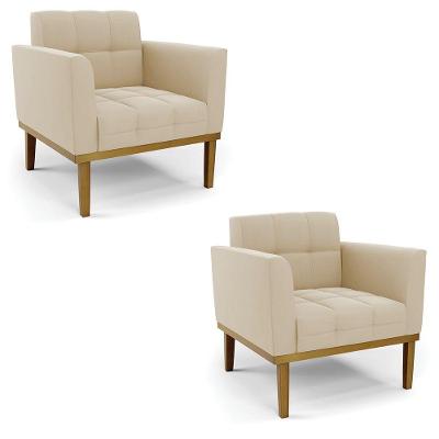 Poltrona Base De Madeira Fixa Castanho Kit 2 Elisa Suede Bege D03 - D'rossi