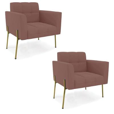 Poltrona Pé De Ferro Dourado Para Sala Kit 2 Elisa Veludo D03 - D'rossi Cor Rose