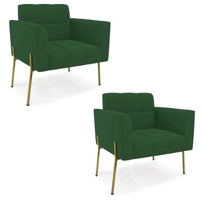 Poltrona Pé De Ferro Dourado Para Sala Kit 2 Elisa Veludo D03 - D'rossi Cor Verde