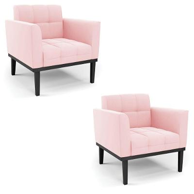 Poltrona Base De Madeira Fixa Preto Kit 2 Elisa Suede D03 - D'rossi Cor Rosa Bebê