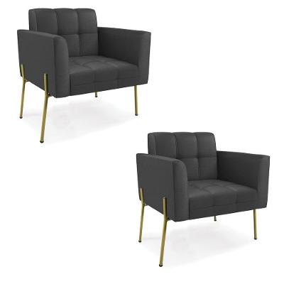 Poltrona Pé De Ferro Dourado Para Sala Kit 2 Elisa Corino D03 - D'rossi Cor Preto