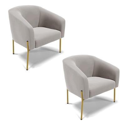 Poltrona Pé De Ferro Dourado Kit 2 Stella Veludo Cinza D03 - D'rossi
