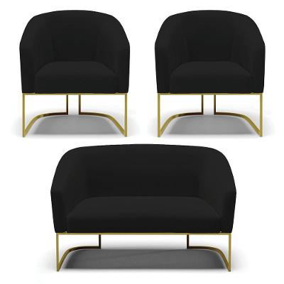 Namoradeira E 2 Poltronas Base Industrial Dourado Stella Linho Preto A79 D03 - D'rossi