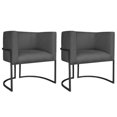 Kit 02 Poltronas Decorativas Luna Base De Ferro Preto Linho Cinza Escuro