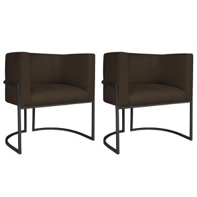 Kit 02 Poltronas Decorativas Luna Base De Ferro Preto Sintético Marrom