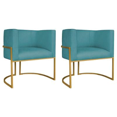 Kit 02 Poltronas Decorativas Luna Base De Ferro Dourado Suede Azul Turquesa