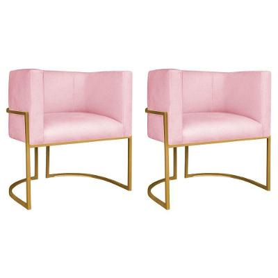 Kit 02 Poltronas Decorativas Luna Base De Ferro Dourado Suede Rosa Bebê