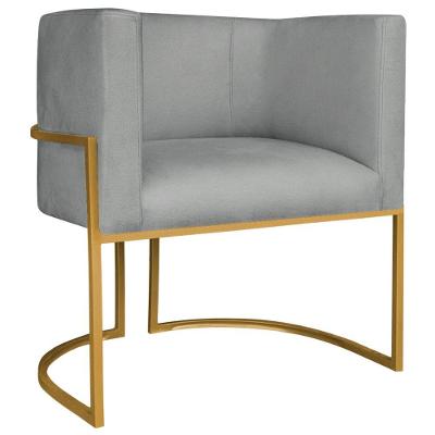 Poltrona Decorativa Luna Base De Ferro Dourado Bouclé Cinza