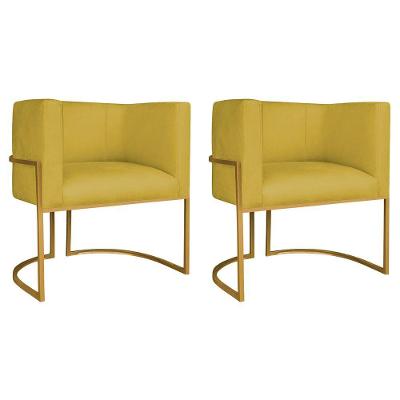 Kit 02 Poltronas Decorativas Luna Base De Ferro Dourado Suede Amarelo