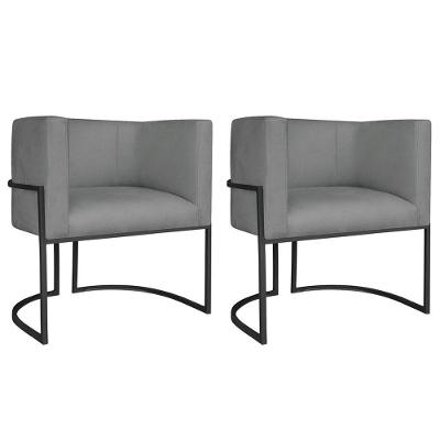 Kit 02 Poltronas Decorativas Luna Base De Ferro Preto Sintético Cinza