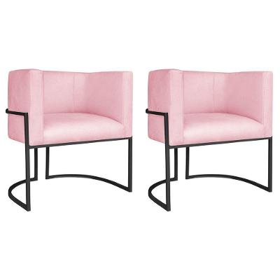 Kit 02 Poltronas Decorativas Luna Base De Ferro Preto Suede Rosa Bebê