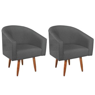 Kit 02 Poltronas Decorativas Luiza Pes Palito Linho Cinza Escuro