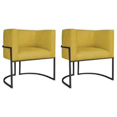 Kit 02 Poltronas Decorativas Luna Base De Ferro Preto Suede Amarelo