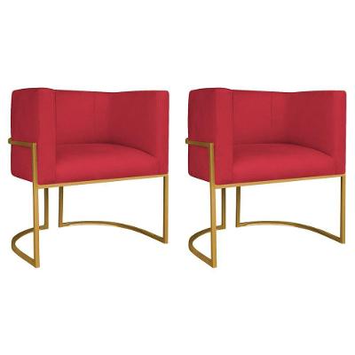 Kit 02 Poltronas Decorativas Luna Base De Ferro Dourado Suede Vermelho