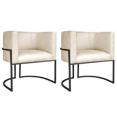 Kit 02 Poltronas Decorativas Luna Base De Ferro Preto Sintético Bege
