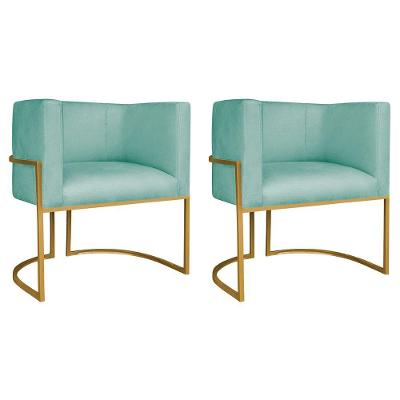Kit 02 Poltronas Decorativas Luna Base De Ferro Dourado Suede Azul Tiffany