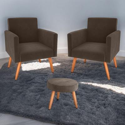 Conjunto Poltronas E Puff Anari Veludo Marrom