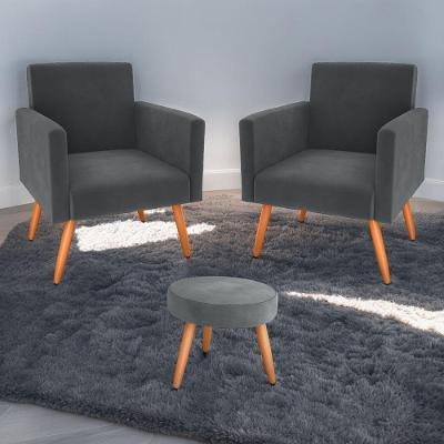 Conjunto Poltronas E Puff Anari Veludo Cinza