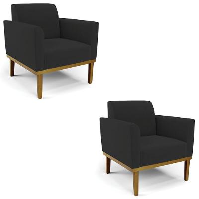 Poltrona Base Madeira Castanho Kit 2 Maressa Veludo Preto