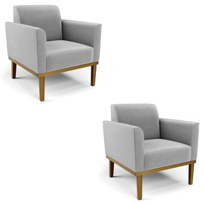 Poltrona Base Madeira Castanho Kit 2 Maressa Suede Cinza