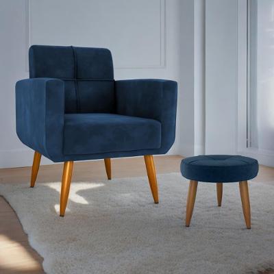 Conjunto De Poltrona E Puff Decorativos Miller Veludo Azul