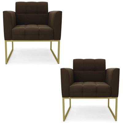 Poltrona Base Industrial Dourado Kit 2 Ana Suede Marrom