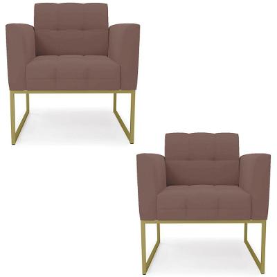 Poltrona Base Industrial Dourado Kit 2 Ana Veludo Rosê