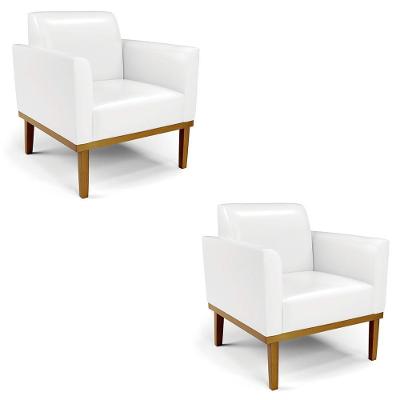 Poltrona Base Madeira Castanho Kit 2 Maressa Sintético Pu Branco