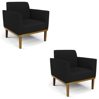 Poltrona Base Madeira Castanho Kit 2 Maressa Linho Preto