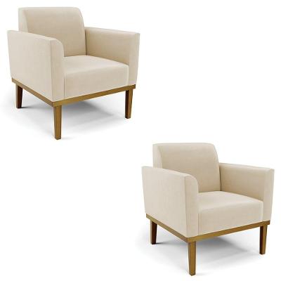 Poltrona Base Madeira Castanho Kit 2 Maressa Suede Bege