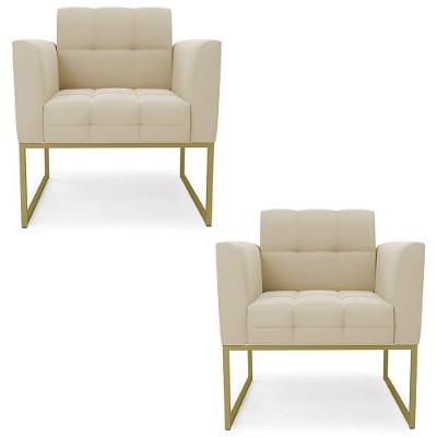 Poltrona Base Industrial Dourado Kit 2 Ana Suede Bege